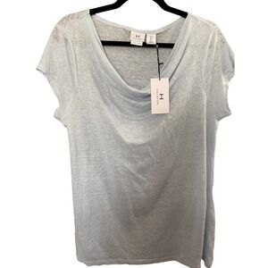NWT Halston Linen Cowl Neck Tee Top L Light Blue Casual Capsule Simple Everyday